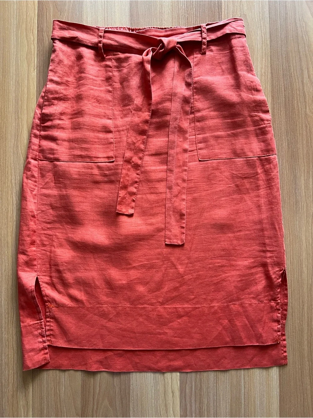 Catherine Malandrino Linen Midi Skirt Coral Tie Waist Pockets S Fits M - Picture 3 of 11
